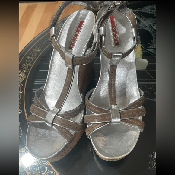 Prada Strappy Metallic Wedges Size 37.5 - Picture 4 of 16